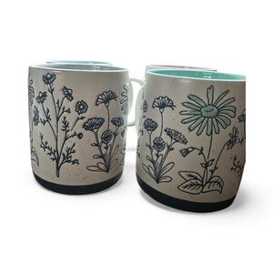 Artisan Floral Stoneware Mugs - Set of 4